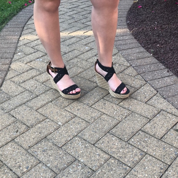 Black Woven Wedge Heels - Picture 1 of 4